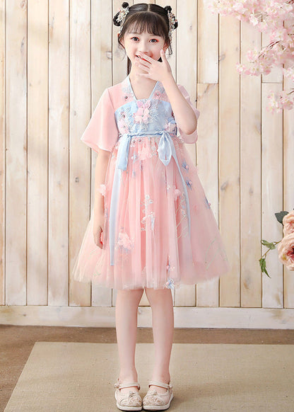 Pink V Neck Embroideried Layered Tulle Kids Mid Dress Short Sleeve