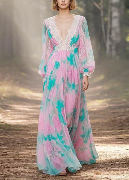 Pink V Neck Lace Print Patchwork Chiffon Ankle Dress Spring