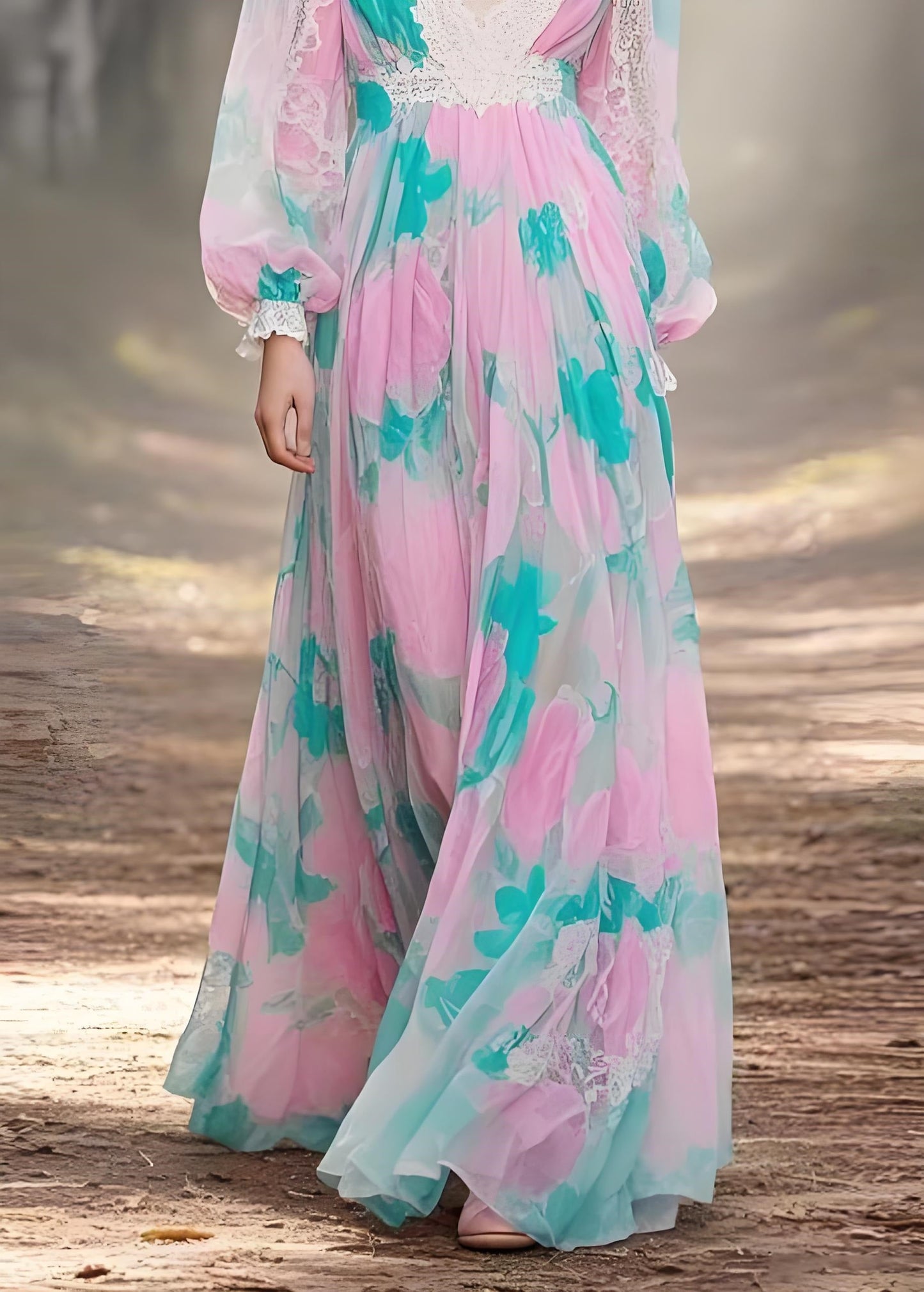 Pink V Neck Lace Print Patchwork Chiffon Ankle Dress Spring