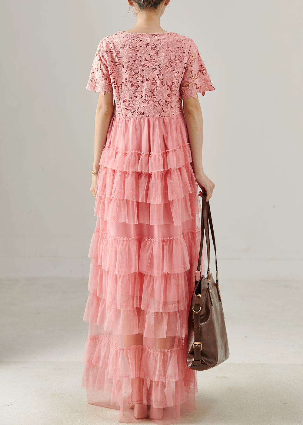 Pink V Neck Patchwork Tulle Long Dress Summer