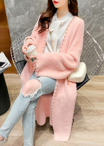 Pink V Neck Pearl Knit Cardigan Spring