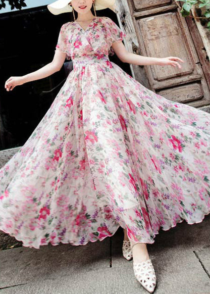 Pink V Neck Print Chiffon Exra Large Hem Dress Summer