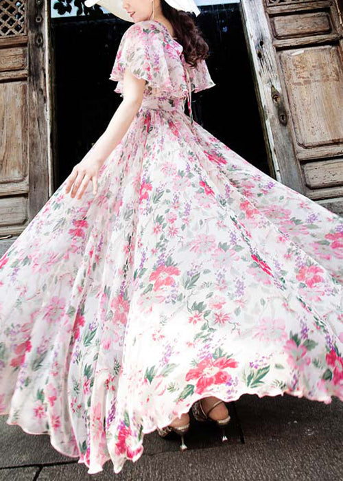 Pink V Neck Print Chiffon Exra Large Hem Dress Summer