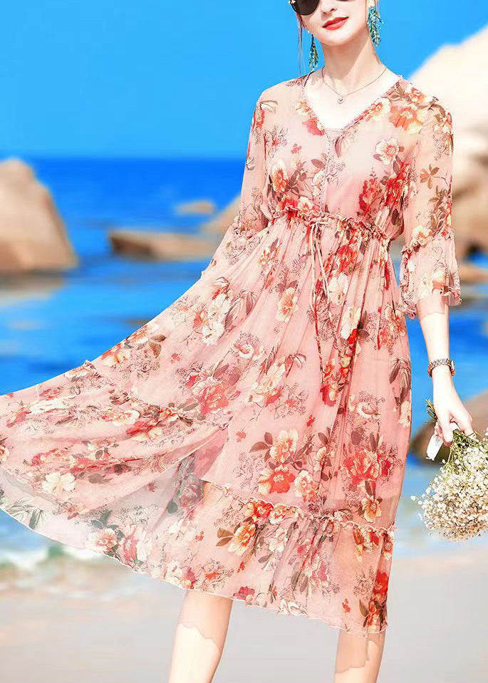Pink V Neck Print Drawstring Chiffon Party Dress Flare Sleeve