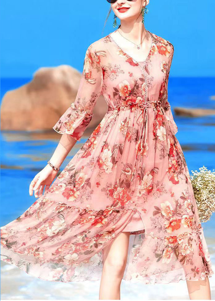 Pink V Neck Print Drawstring Chiffon Party Dress Flare Sleeve