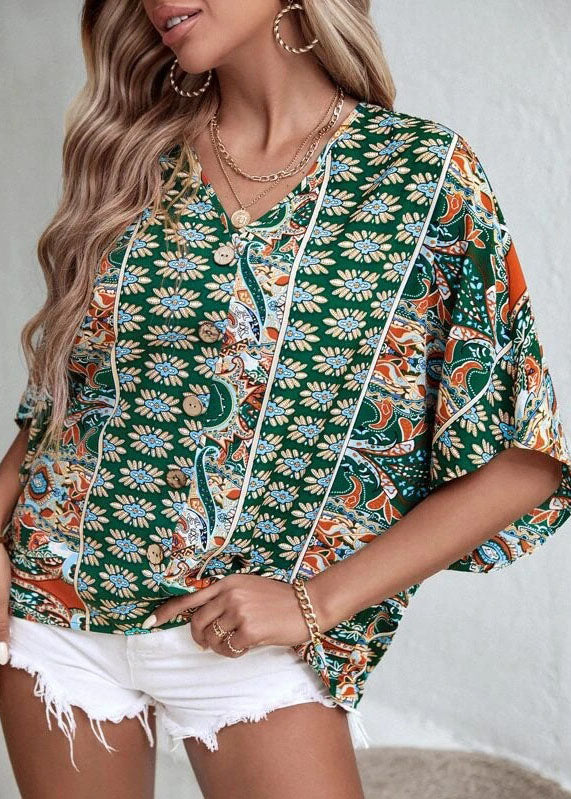 Pink V Neck Print Loose Tank Tops Short Sleeve
