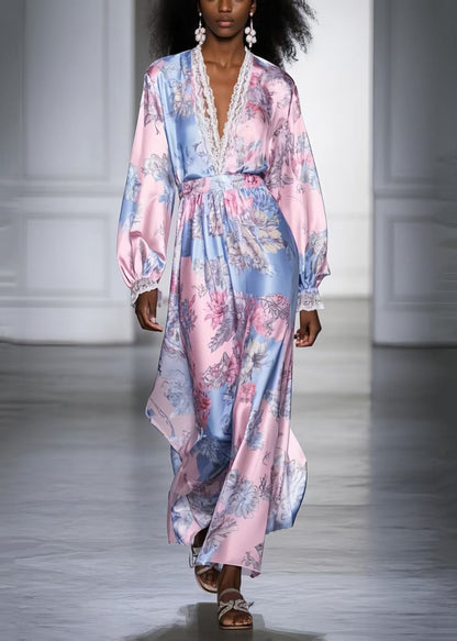 Pink V Neck Print Silk Vacation Dresses Spring