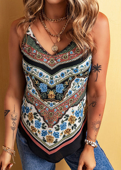 Pink V Neck Print Vest Sleeveless