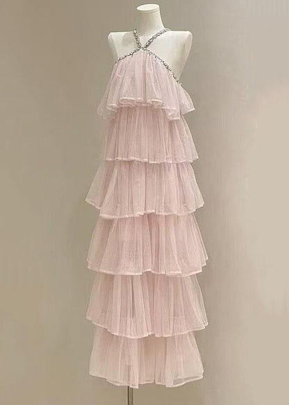 Pink Zircon High Waist Tulle Long Dress Sleeveless