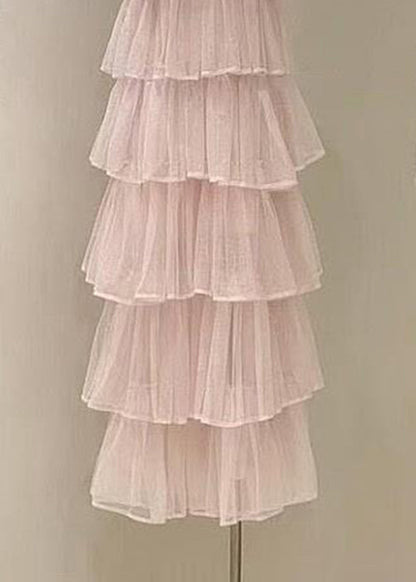 Pink Zircon High Waist Tulle Long Dress Sleeveless