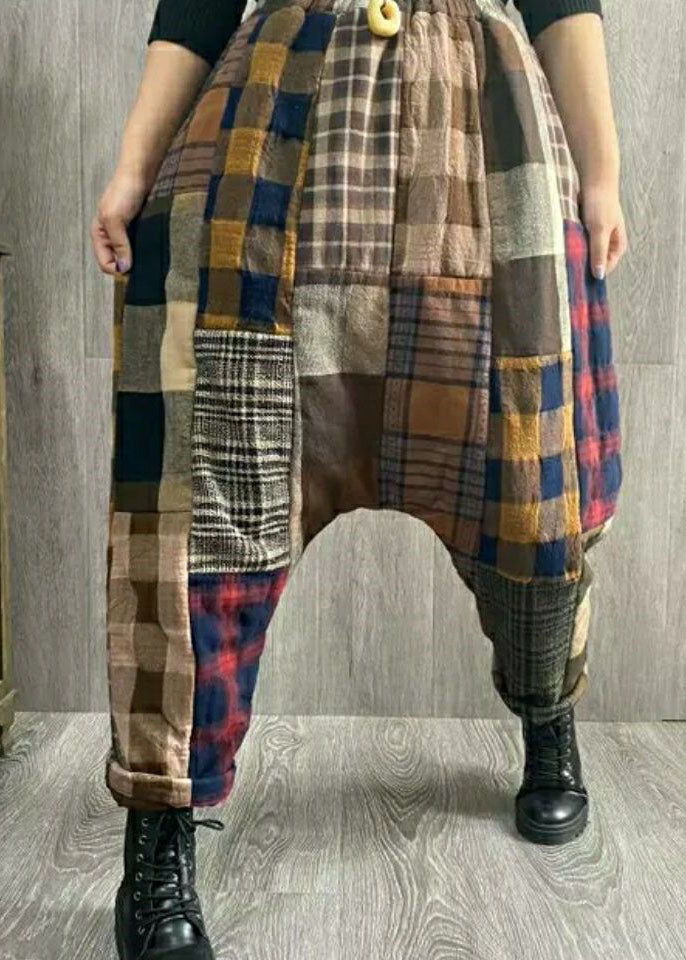 Plaid Patchwork Thick Linen Pants Winter