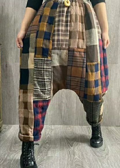 Plaid Patchwork Thick Linen Pants Winter