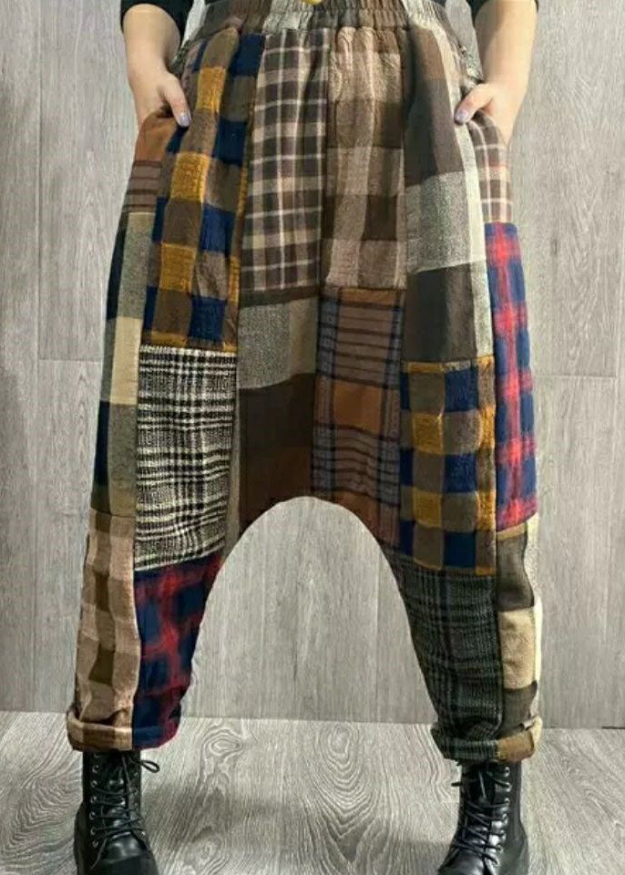 Plaid Patchwork Thick Linen Pants Winter