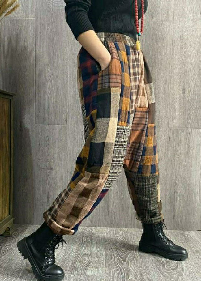 Plaid Patchwork Thick Linen Pants Winter