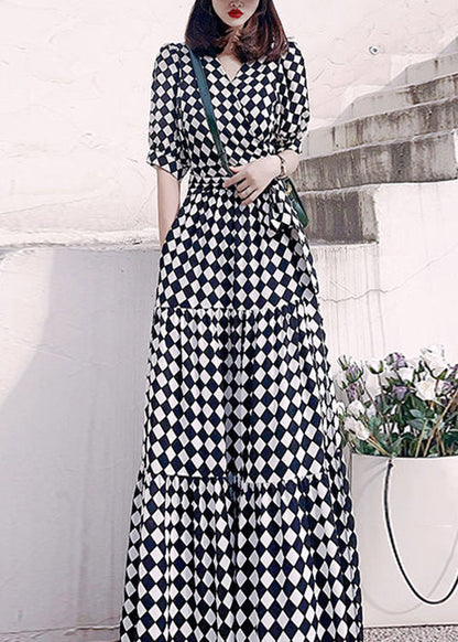 Plaid V Neck High Waist Patchwork Cotton Long Dresses Summer