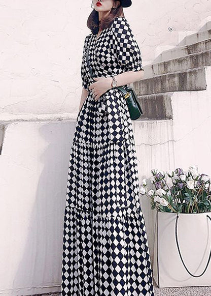 Plaid V Neck High Waist Patchwork Cotton Long Dresses Summer