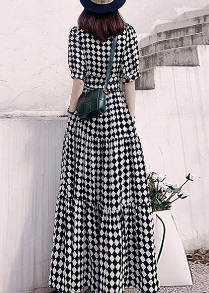 Plaid V Neck High Waist Patchwork Cotton Long Dresses Summer