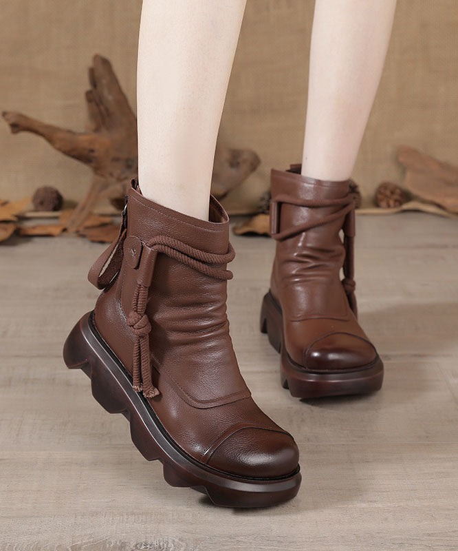 Platform Boots Black Cowhide Leather Ankle Boots
