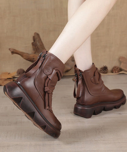 Platform Boots Black Cowhide Leather Ankle Boots