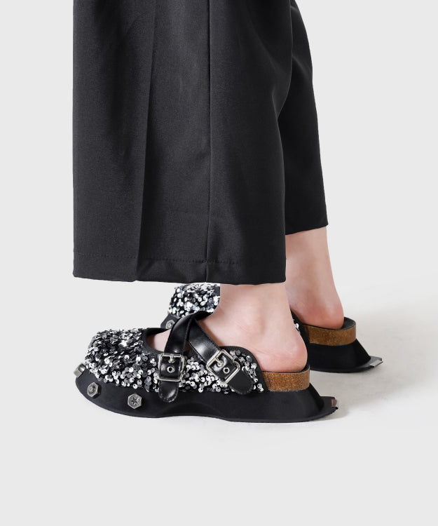 Platform Slide Sandals Black Cowhide Leather Sequins