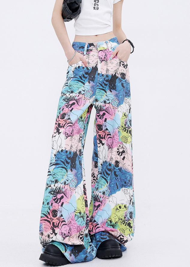 Pockets Cartoon Print Denim Wide Leg Pants Fall