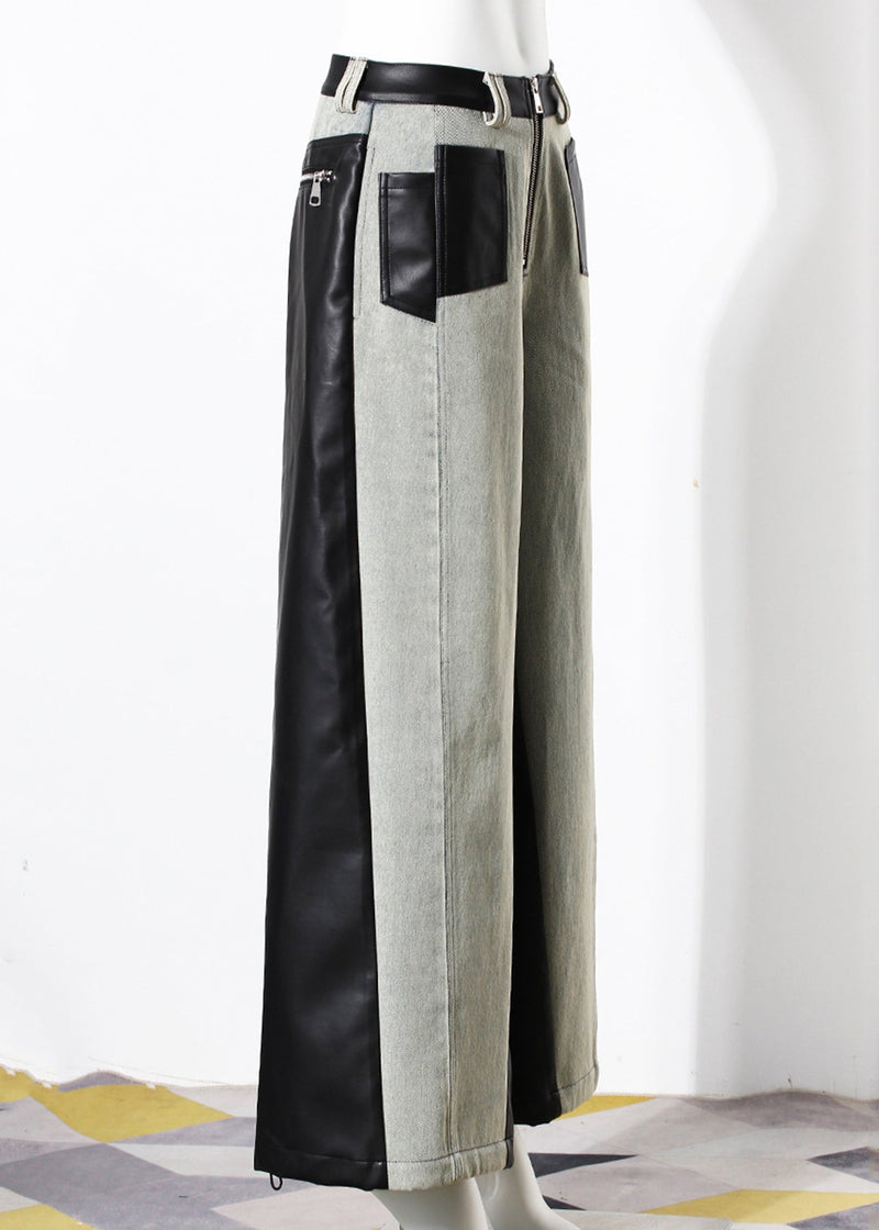 Pockets Faux Leather Patchwork Denim Wide Leg Pants Spring