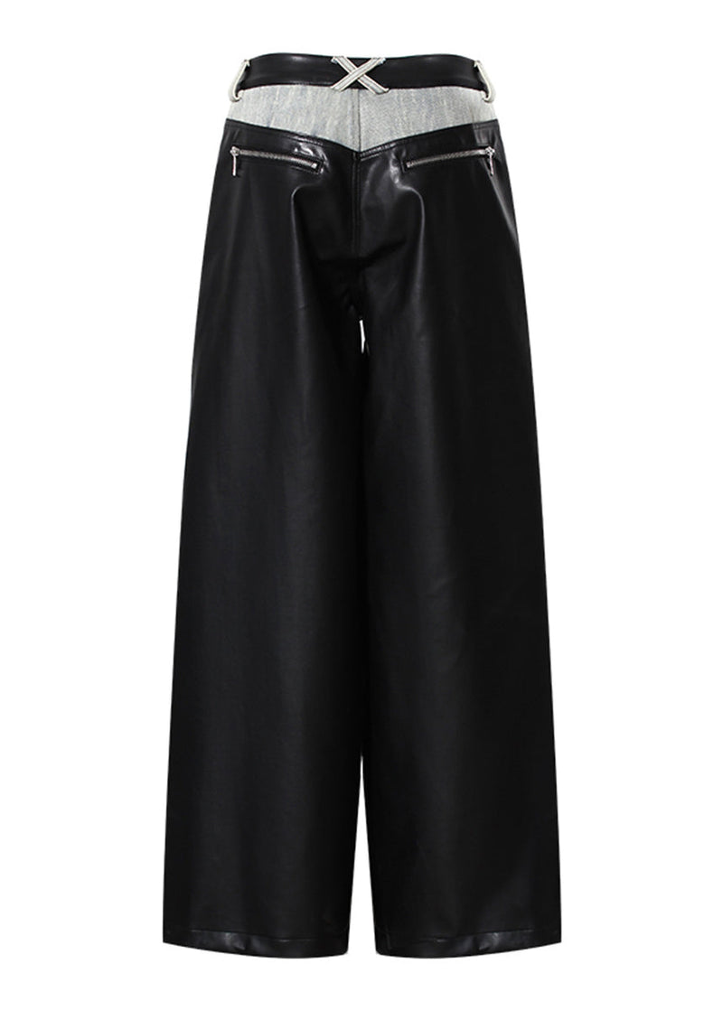Pockets Faux Leather Patchwork Denim Wide Leg Pants Spring