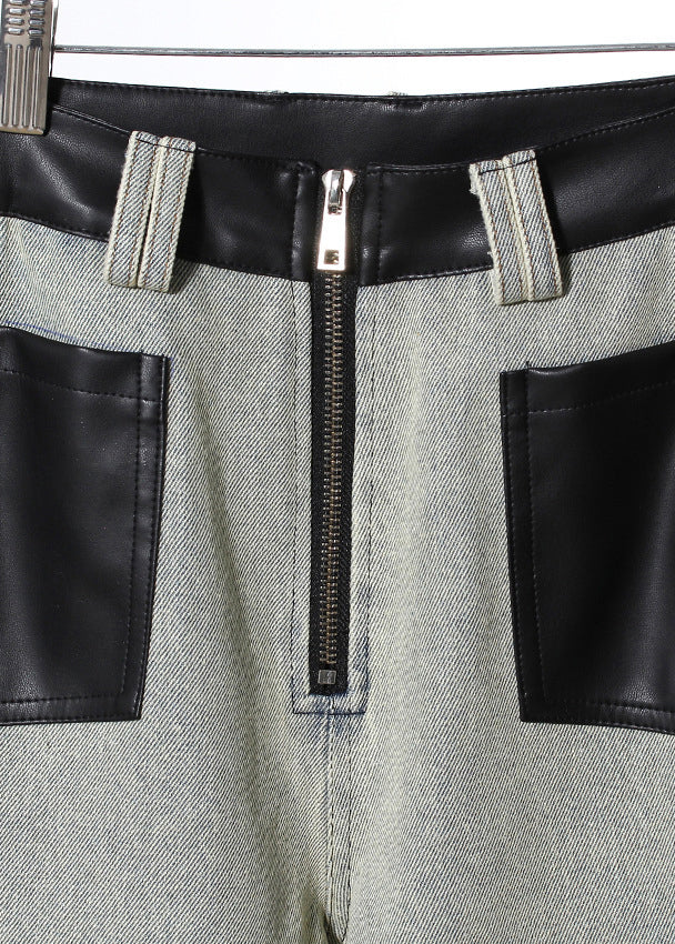 Pockets Faux Leather Patchwork Denim Wide Leg Pants Spring