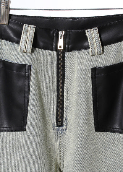 Pockets Faux Leather Patchwork Denim Wide Leg Pants Spring