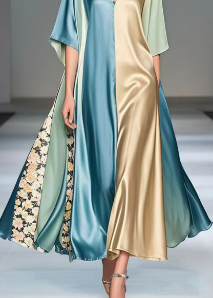 Polychrome Asymmetrical Patchwork Silk Robe Dresses Summer