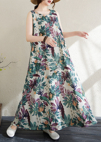 Print Exra Large Hem Cotton Loose Dress Sleeveless