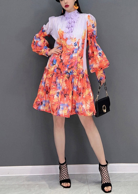 Print Stand Collar Patchwork Chiffon Dresses Lantern Sleeve