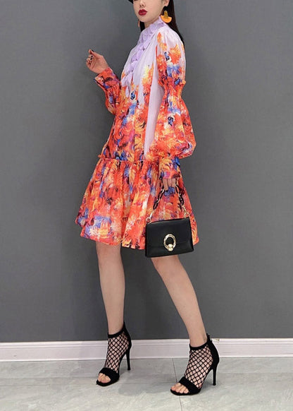 Print Stand Collar Patchwork Chiffon Dresses Lantern Sleeve