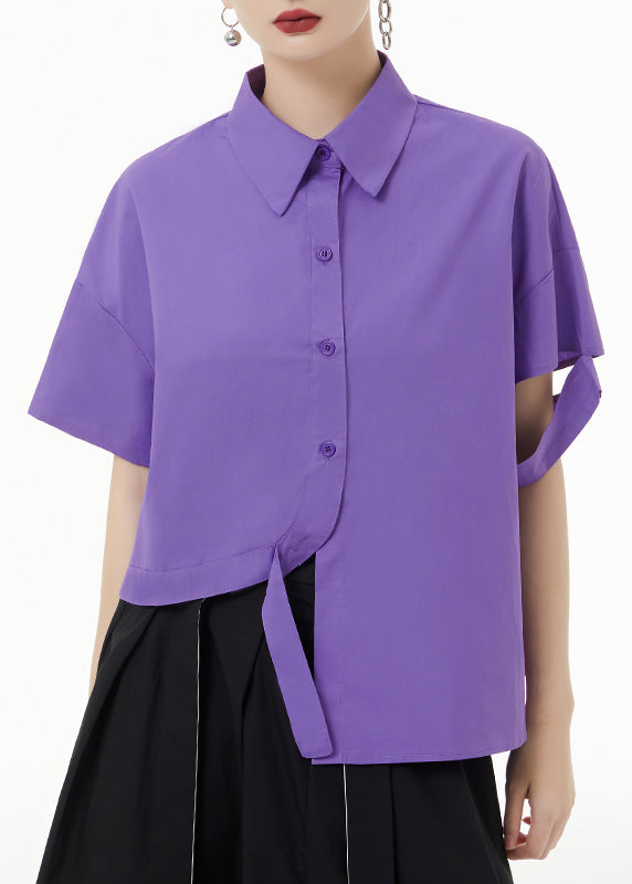 Purple Asymmetrical Button Patchwork Cotton Shirt Top Short Sleeve