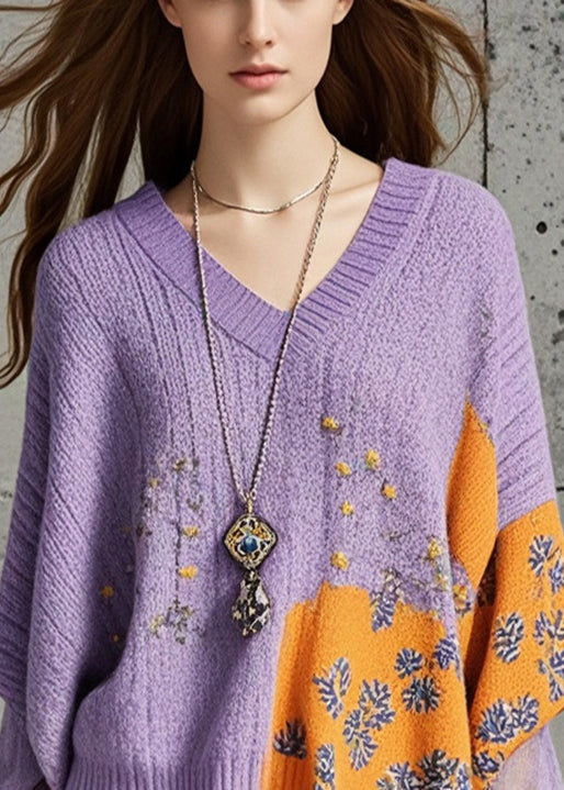 Purple Asymmetrical Print Knit Loose Sweater Fall