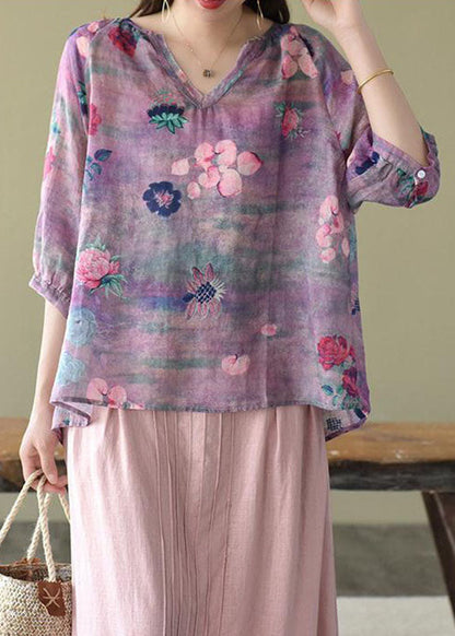 Purple Retro Print Fall Half Sleeve Shirt Top