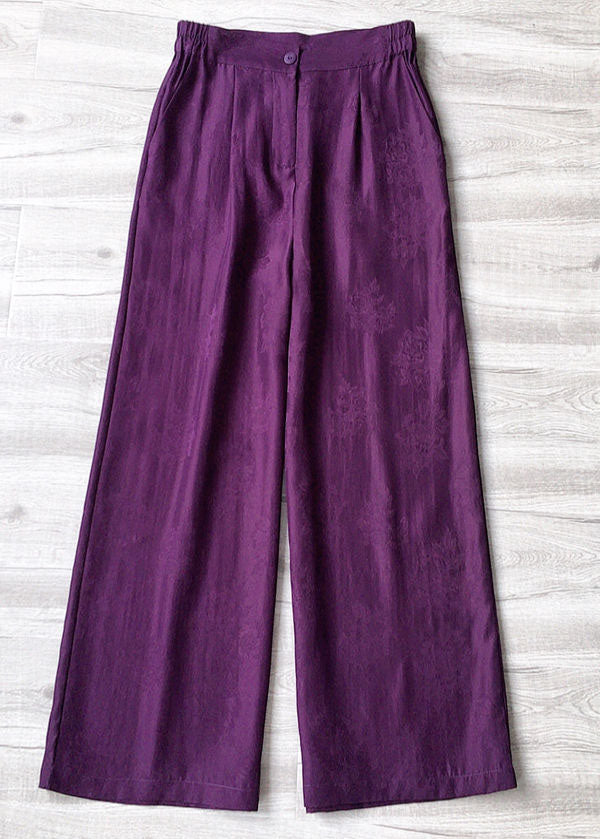 Purple Elastic Waist Pockets Jacquard Silk Wide Leg Pants Summer