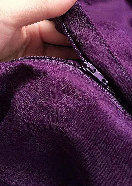 Purple Elastic Waist Pockets Jacquard Silk Wide Leg Pants Summer