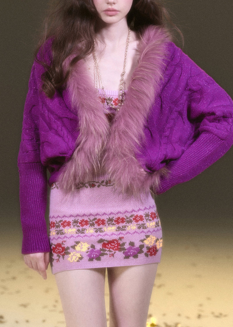 Purple Fur Collar Patchwork Cotton Knit Cardigans Lantern Sleeve