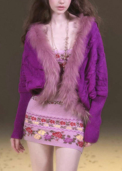 Purple Fur Collar Patchwork Cotton Knit Cardigans Lantern Sleeve