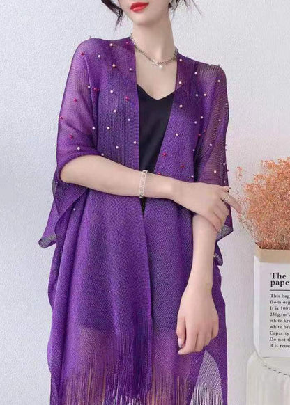 Purple Nail Bead Tassel Patchwork Tulle Cape Fall