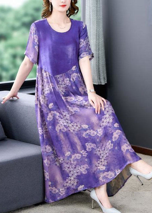 Purple O Neck Print Wrinkled Patchwork Silk Dress Summer