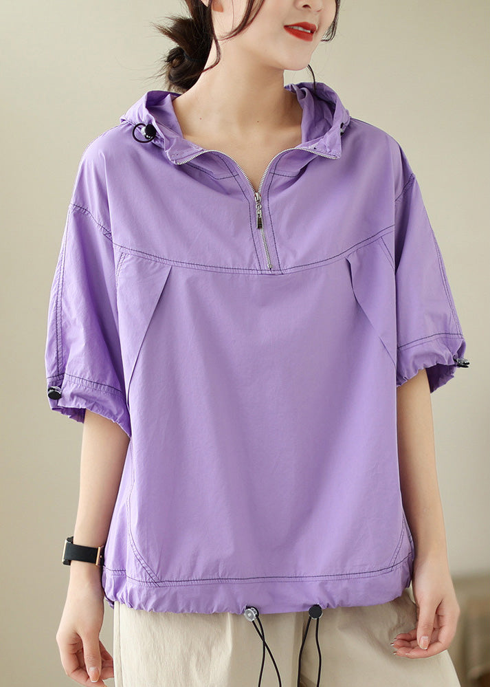 Purple Patchwork Cotton Hooded Top Short Sleeve