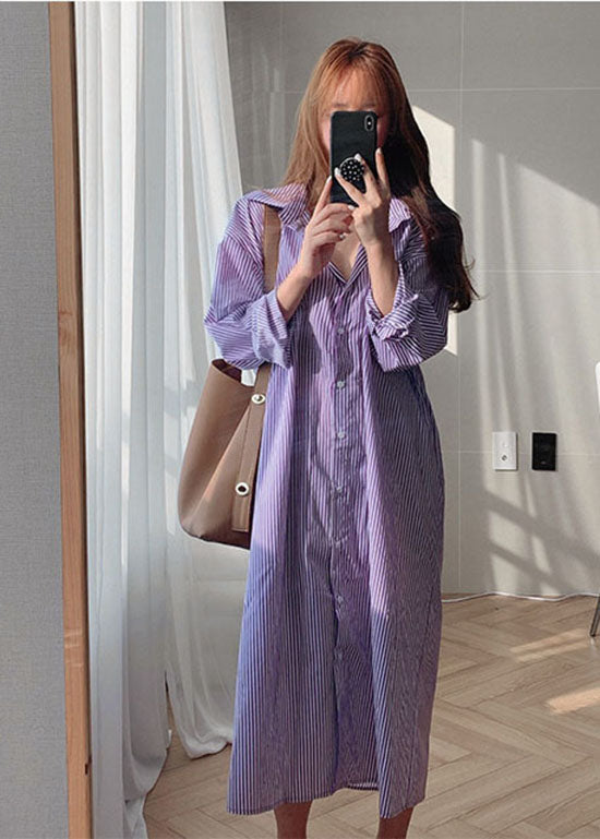 Purple Peter Pan Collar Striped Cotton Shirt Dresses Spring