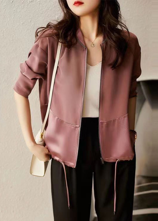 Purple Pink Zip Up Patchwork Drawstring Cotton Jacket Fall