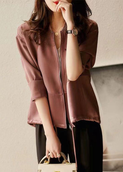 Purple Pink Zip Up Patchwork Drawstring Cotton Jacket Fall