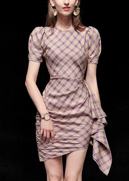 Purple Plaid O Neck Cotton Slim Fit Dress Summer