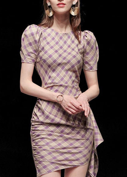 Purple Plaid O Neck Cotton Slim Fit Dress Summer