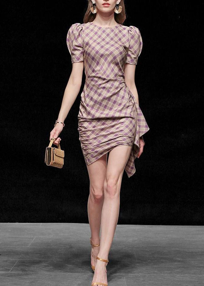 Purple Plaid O Neck Cotton Slim Fit Dress Summer