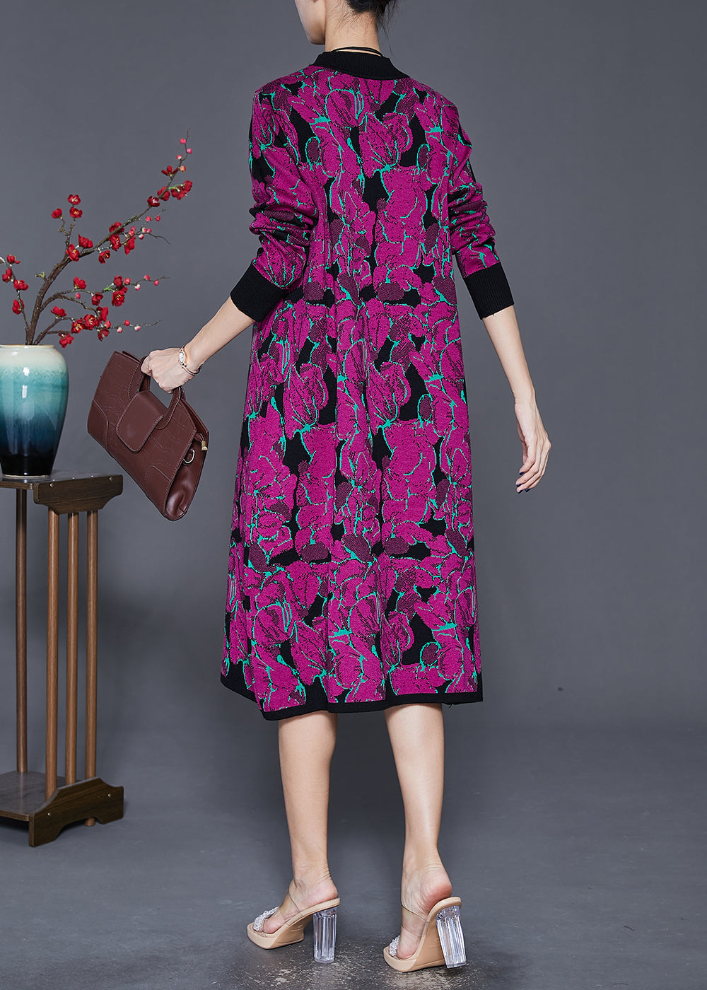Purple Print Complimentary Scarf Long Knit Dress Fall